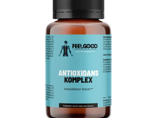 Braune Dose mit türkisfarbenem Etikett – Antioxidans Komplex von Feelgood Supplements