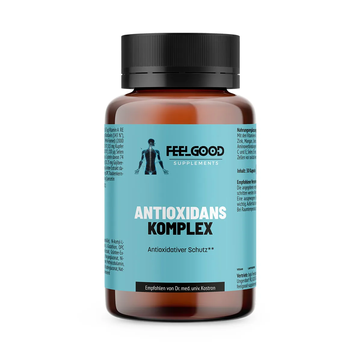 Braune Dose mit türkisfarbenem Etikett – Antioxidans Komplex von Feelgood Supplements