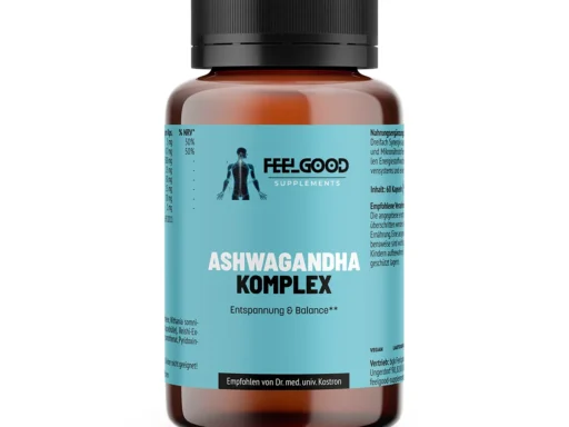 Ashwagandha Komplex von Feelgood Supplements – braune Dose mit türkisfarbenem Etikett