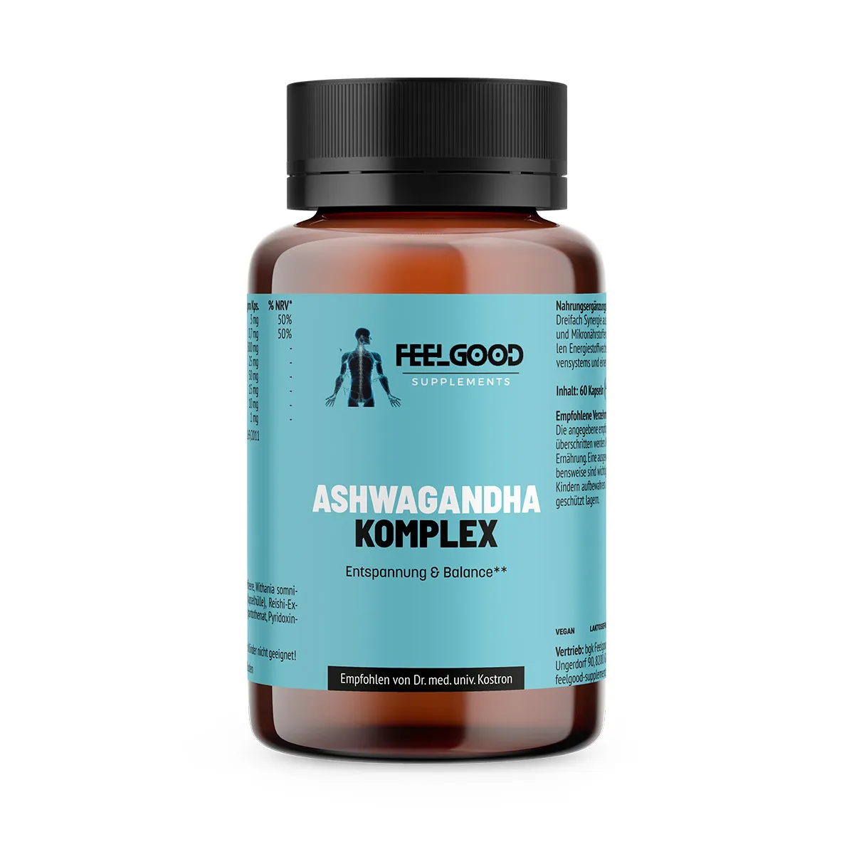 Ashwagandha Komplex von Feelgood Supplements – braune Dose mit türkisfarbenem Etikett