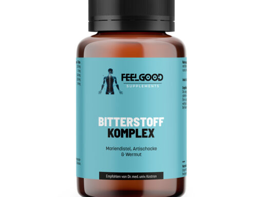 Bitterstoff Komplex von Feelgood Supplements – braune Dose mit türkisfarbenem Etikett
