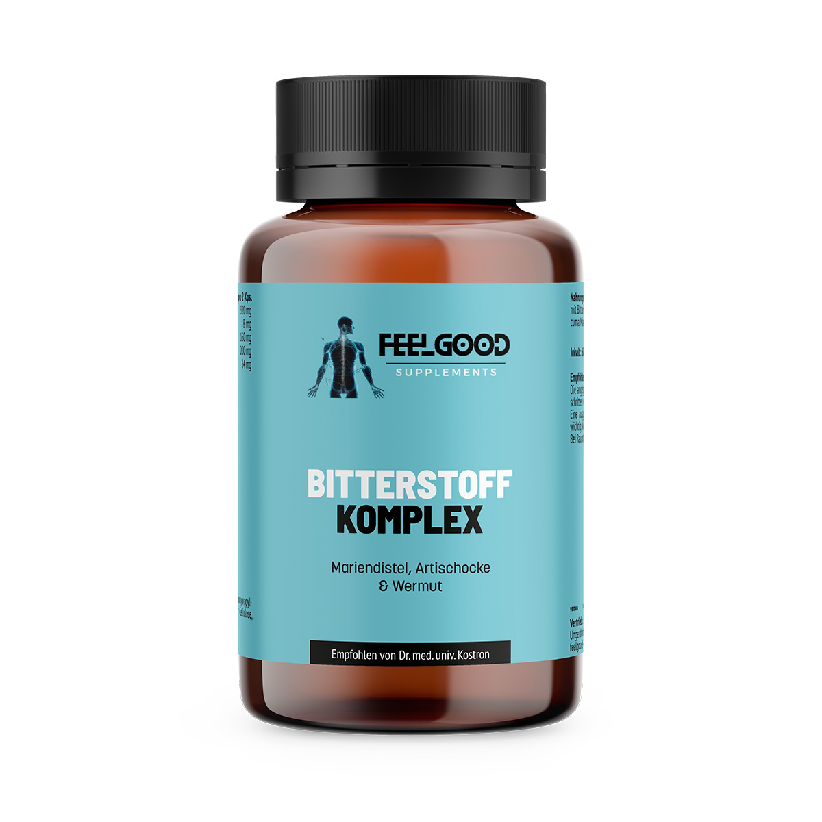 Bitterstoff Komplex von Feelgood Supplements – braune Dose mit türkisfarbenem Etikett