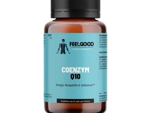 Coenzym Q10 von Feelgood Supplements – braune Dose mit türkisfarbenem Etikett