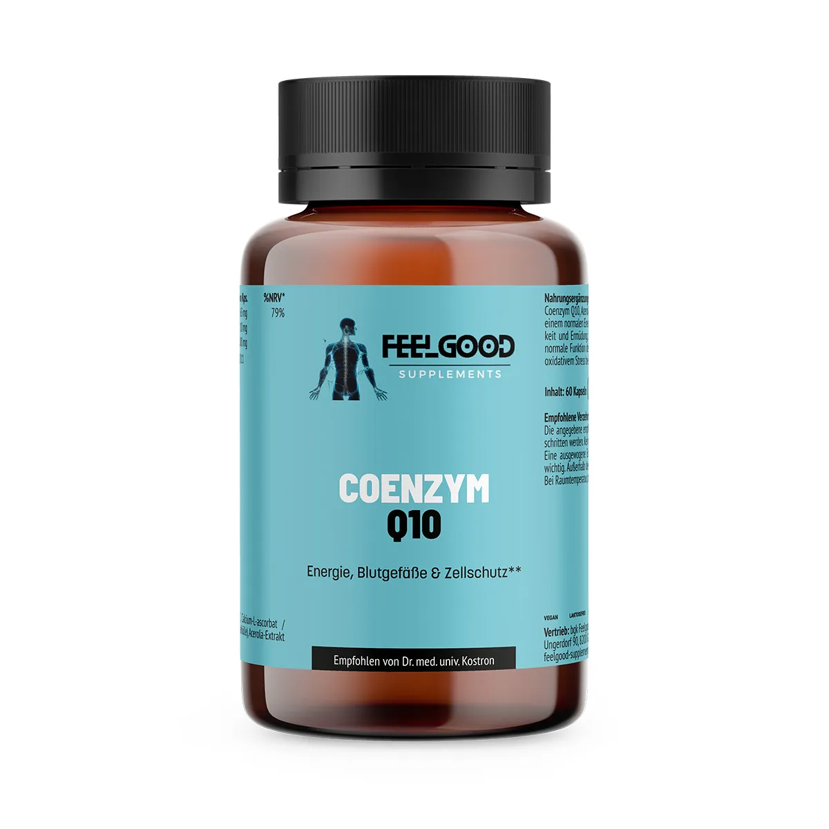Coenzym Q10 von Feelgood Supplements – braune Dose mit türkisfarbenem Etikett