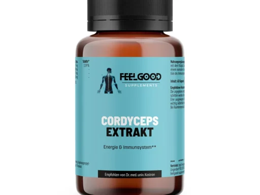 Braune Dose Cordyceps Extrakt von Feelgood Supplements mit türkisem Etikett