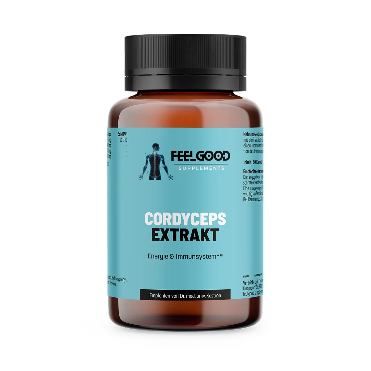 Braune Dose Cordyceps Extrakt von Feelgood Supplements mit türkisem Etikett