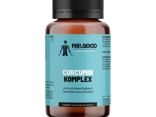 Curcumin Komplex von Feelgood Supplements – braune Dose mit türkisfarbenem Etikett