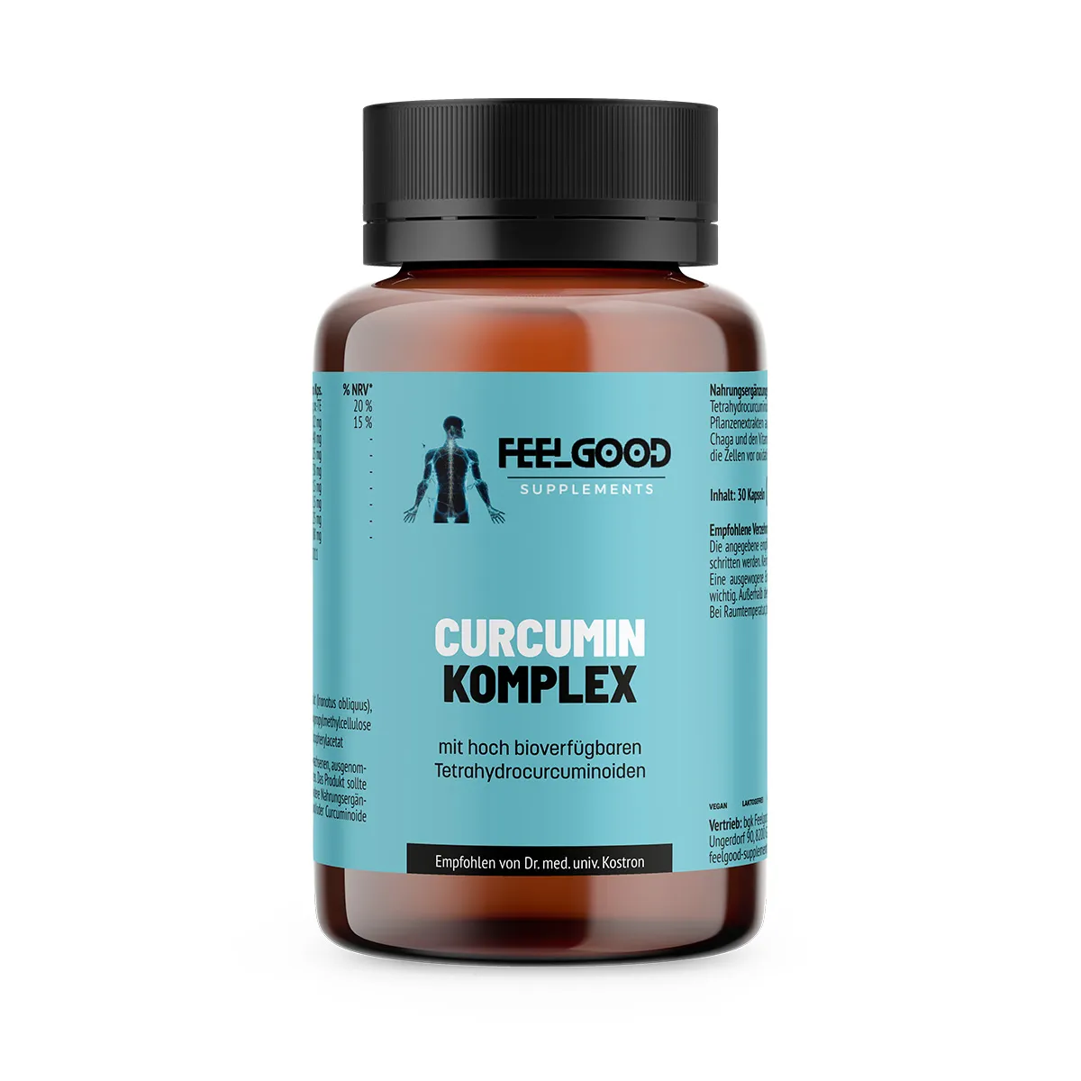 Curcumin Komplex von Feelgood Supplements – braune Dose mit türkisfarbenem Etikett