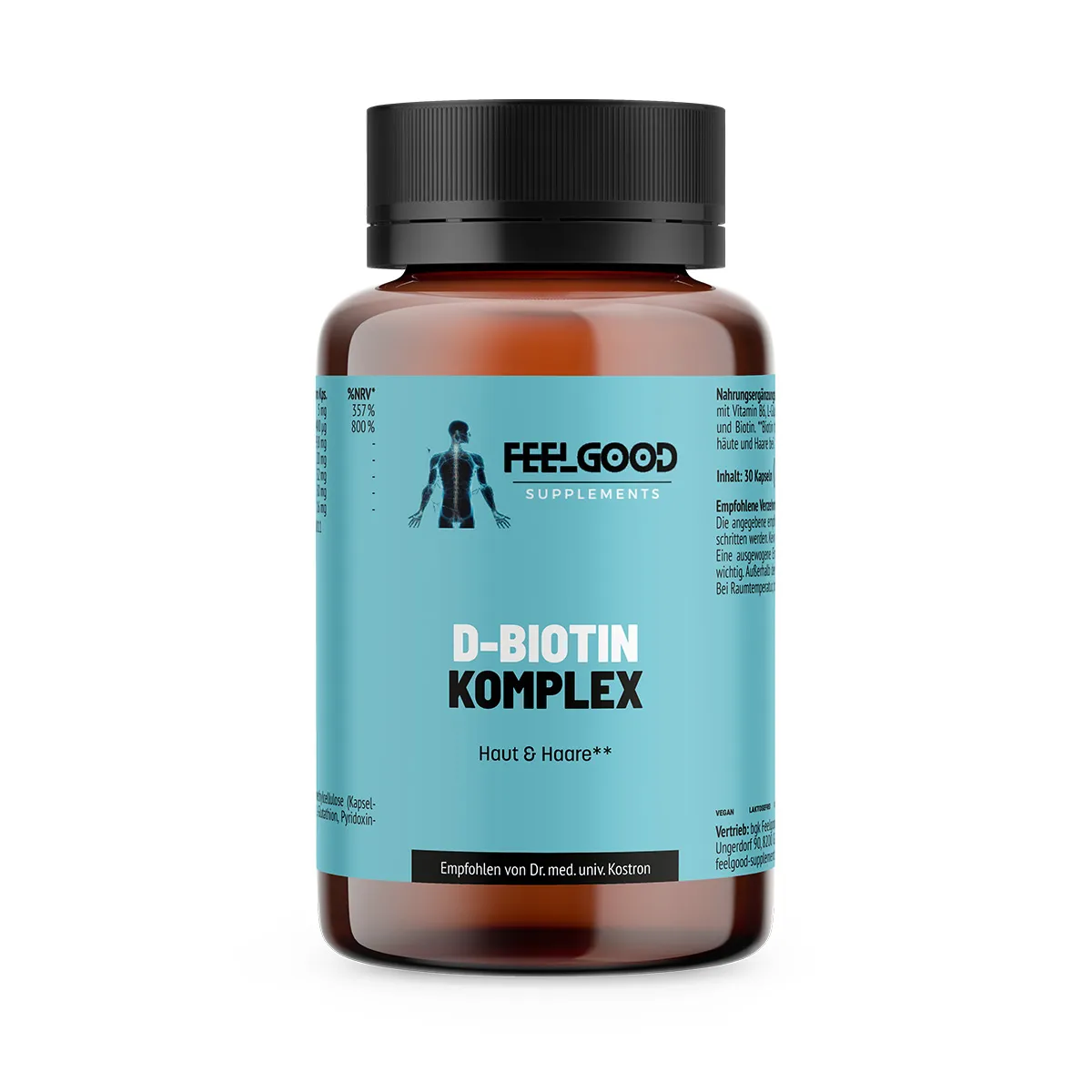 D-Biotin Komplex von Feelgood Supplements – braune Dose mit türkisfarbenem Etikett
