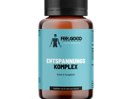 Entspannung Komplex von Feelgood Supplements – braune Dose mit türkisfarbenem Etikett