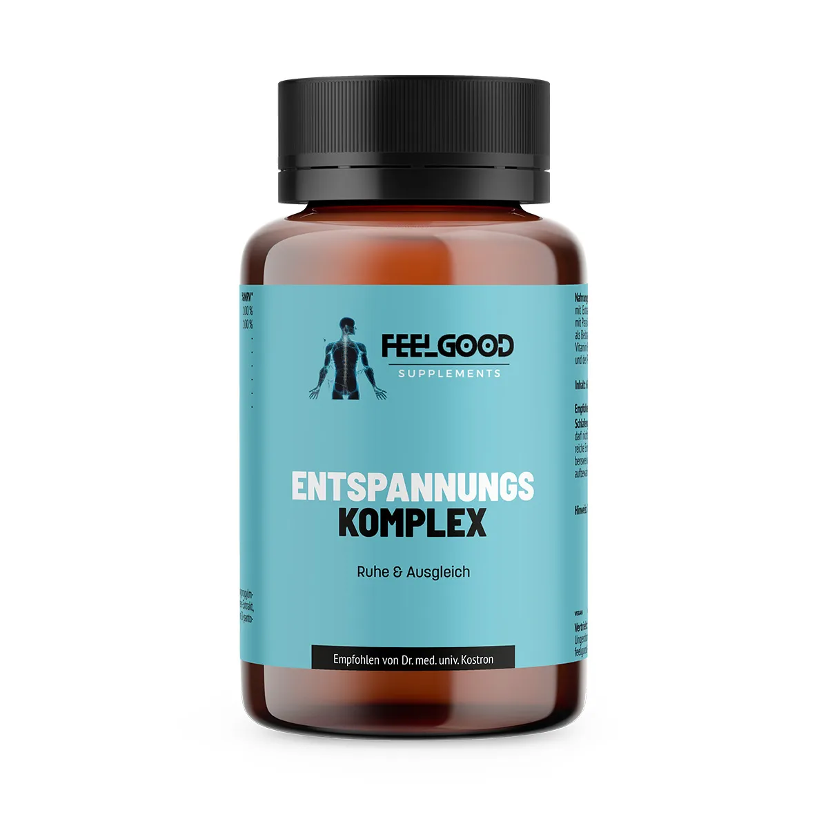 Entspannung Komplex von Feelgood Supplements – braune Dose mit türkisfarbenem Etikett