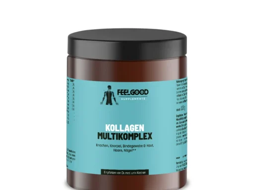 Braune Dose Kollagen Multikomplex von Feelgood Supplements mit türkisem Etikett