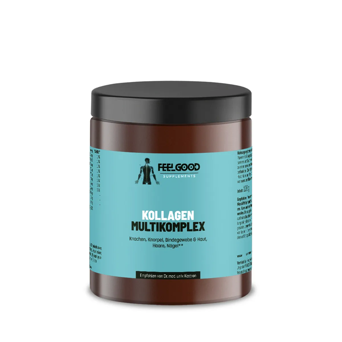 Braune Dose Kollagen Multikomplex von Feelgood Supplements mit türkisem Etikett