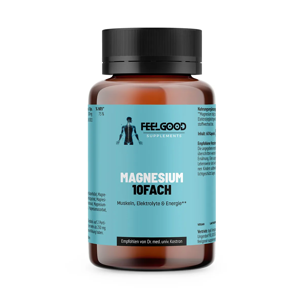 Magnesium 10Fach von Feelgood Supplements – braune Dose mit türkisfarbenem Etikett
