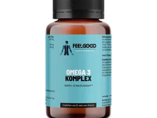 Omega 3 Komplex von Feelgood Supplements – braune Dose mit türkisfarbenem Etikett