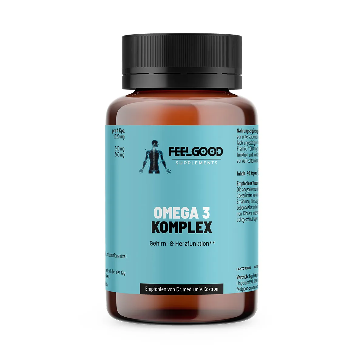 Omega 3 Komplex von Feelgood Supplements – braune Dose mit türkisfarbenem Etikett