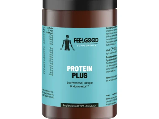 Protein Plus von Feelgood Supplements – braune Dose mit türkisfarbenem Etikett