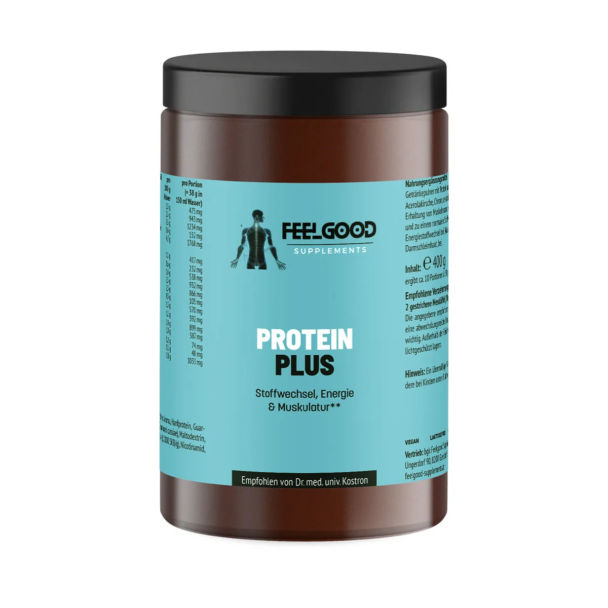 Protein Plus von Feelgood Supplements – braune Dose mit türkisfarbenem Etikett