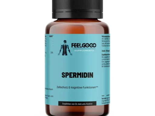 Braune Dose Spermidin von Feelgood Supplements mit türkisfarbenem Etikett