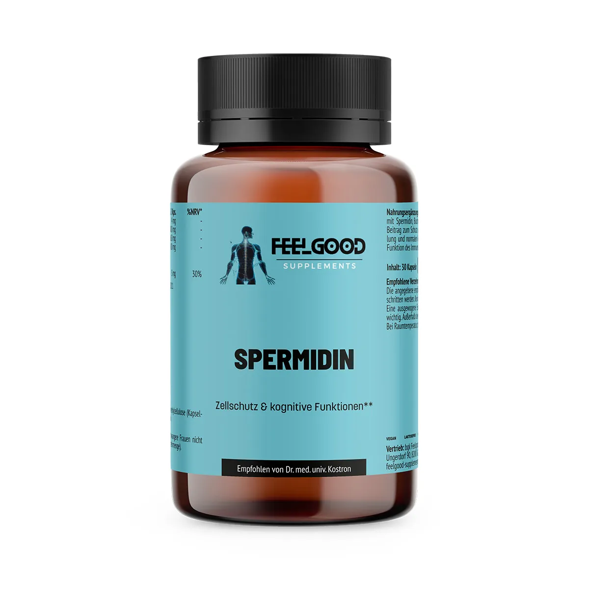 Braune Dose Spermidin von Feelgood Supplements mit türkisfarbenem Etikett
