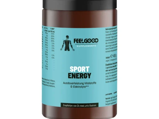 Sport Energy von Feelgood Supplements – braune Dose mit türkisfarbenem Etikett