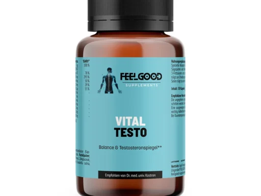 Vital Testo von Feelgood Supplements – braune Dose mit türkisfarbenem Etikett