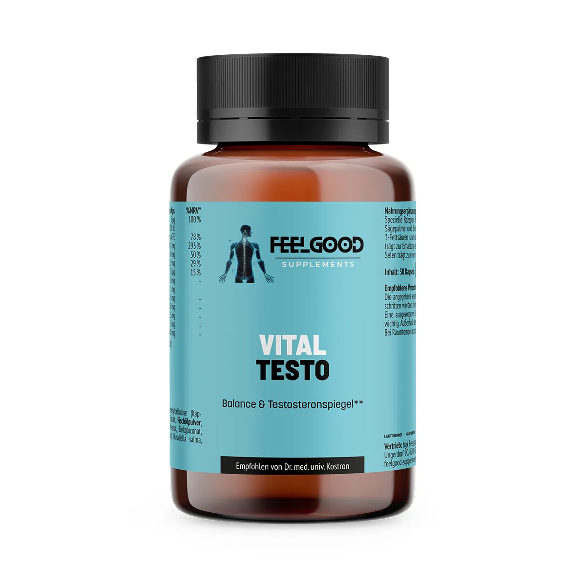 Vital Testo von Feelgood Supplements – braune Dose mit türkisfarbenem Etikett