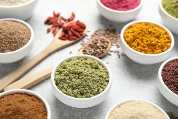 Pulverförmige Pflanzenextrakte in Schalen – Symbol für Adaptogene Wirkung